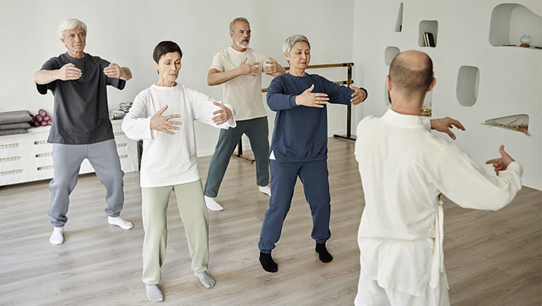 Lille gruppe bliver instrueret i qigong